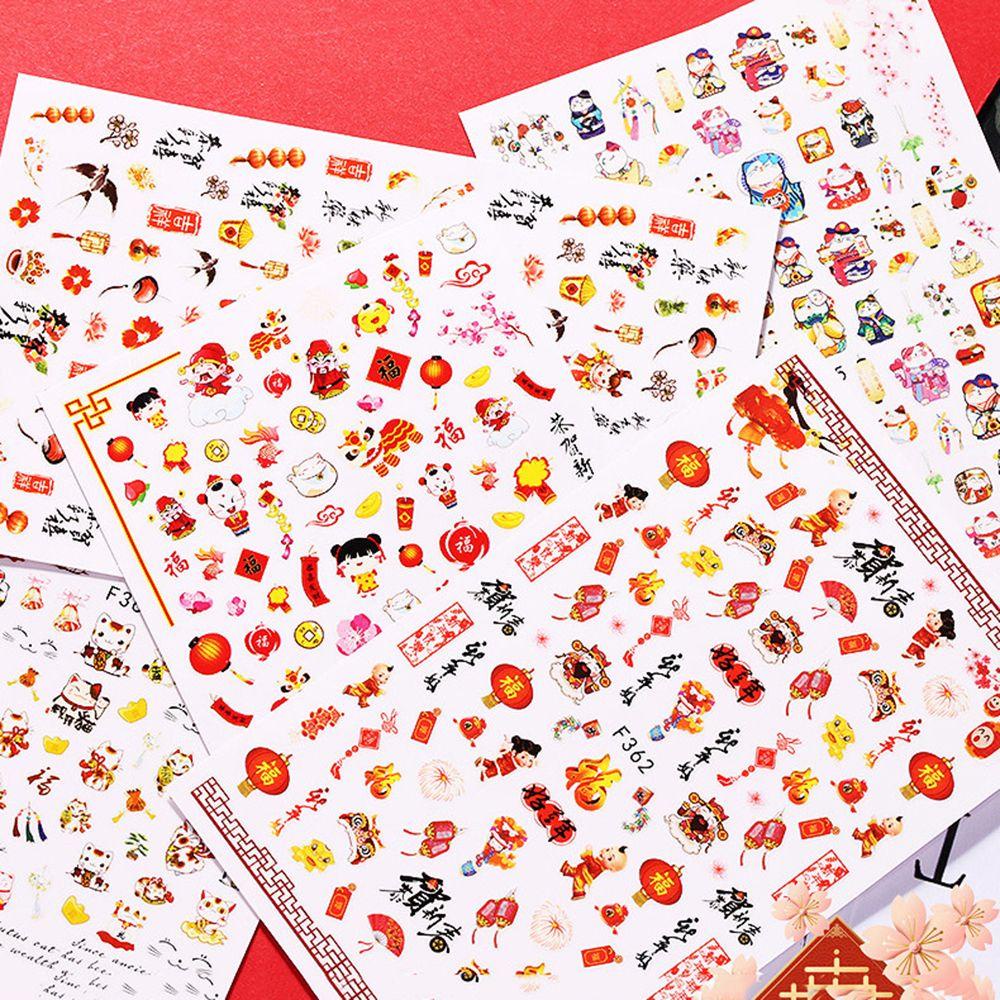 Mxbeauty Stiker Kuku Tahun Baru Meriah Happy Lantern 2022tahun Baru Cina Simpul Lucky Cat DIY Dekorasi Nail Art