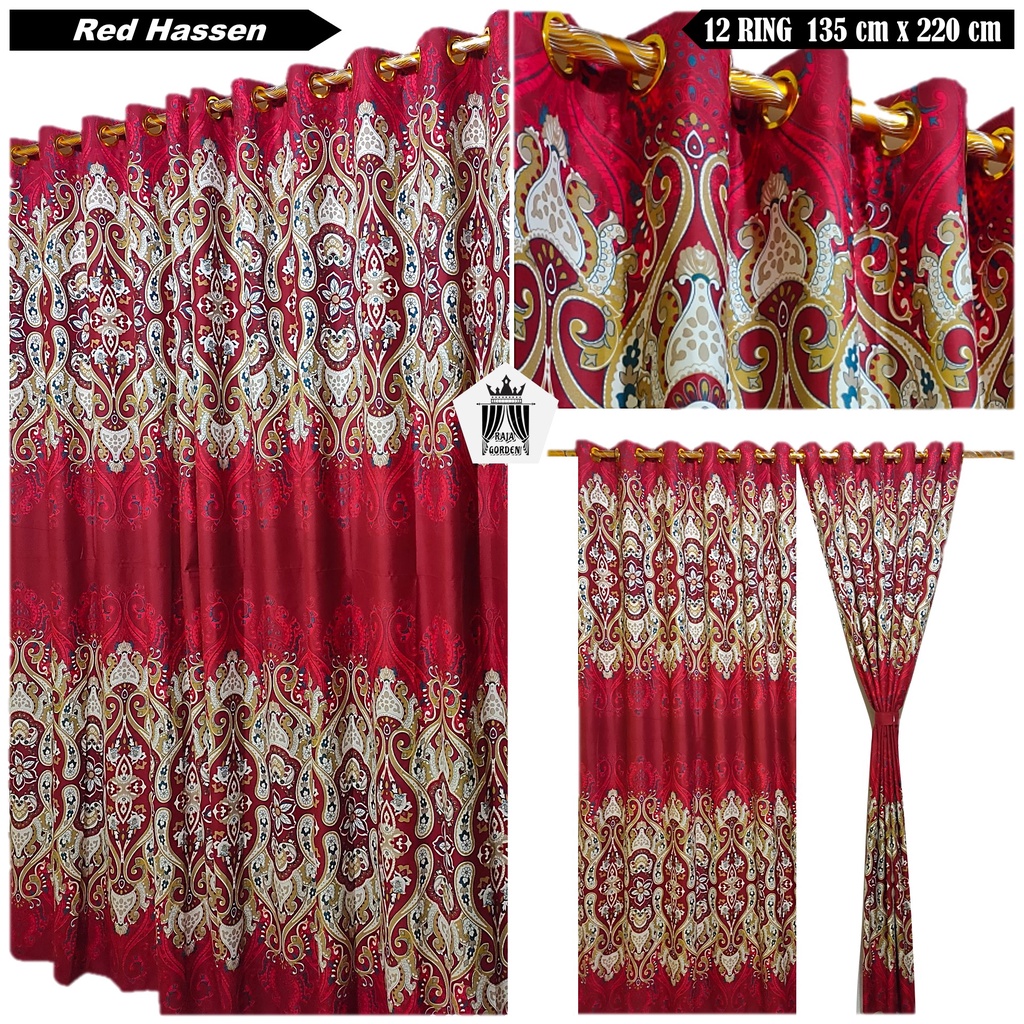 Gorden Smokring 12 Ring Hordeng Jendela Tirai Pintu Kamar Motif Bunga Batik Sultan Red Hassen Merah 