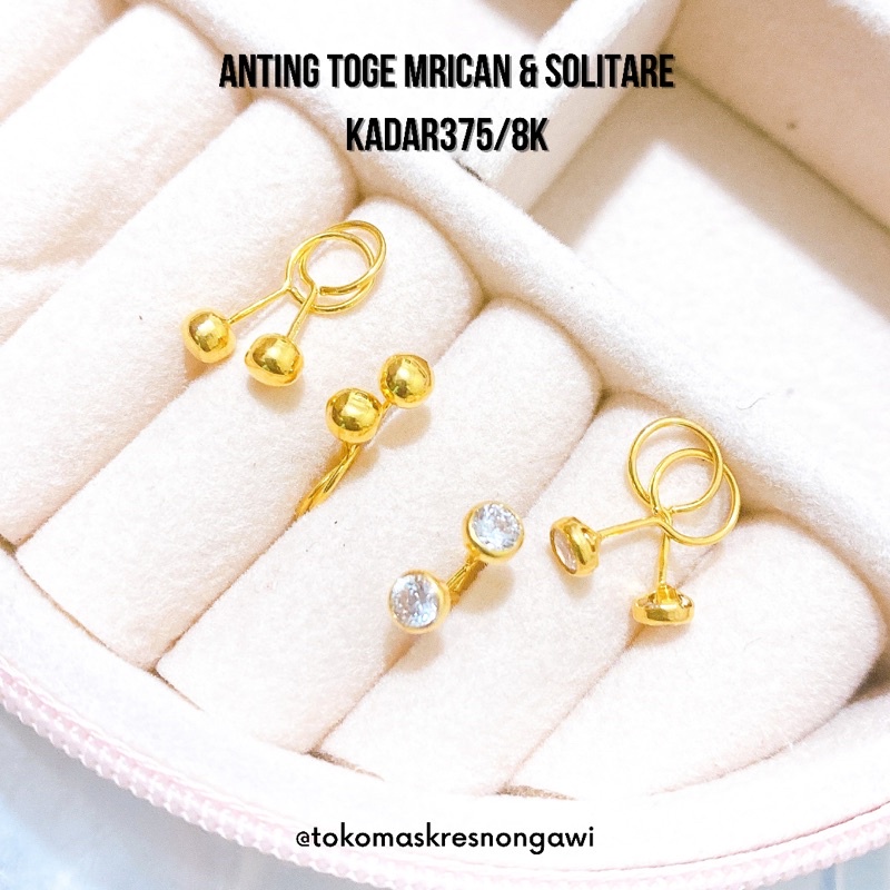 Anting emas toge mrican &amp; solitare kadar375/8k emas asli