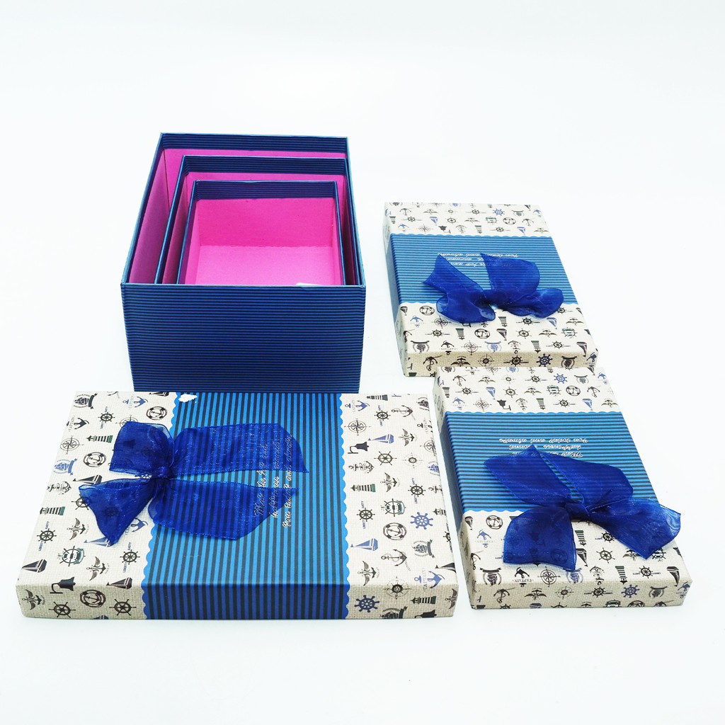 Kotak Hadiah 3 in 1 Kotak Kado Packaging Gift Box Pita Biru Cokelat