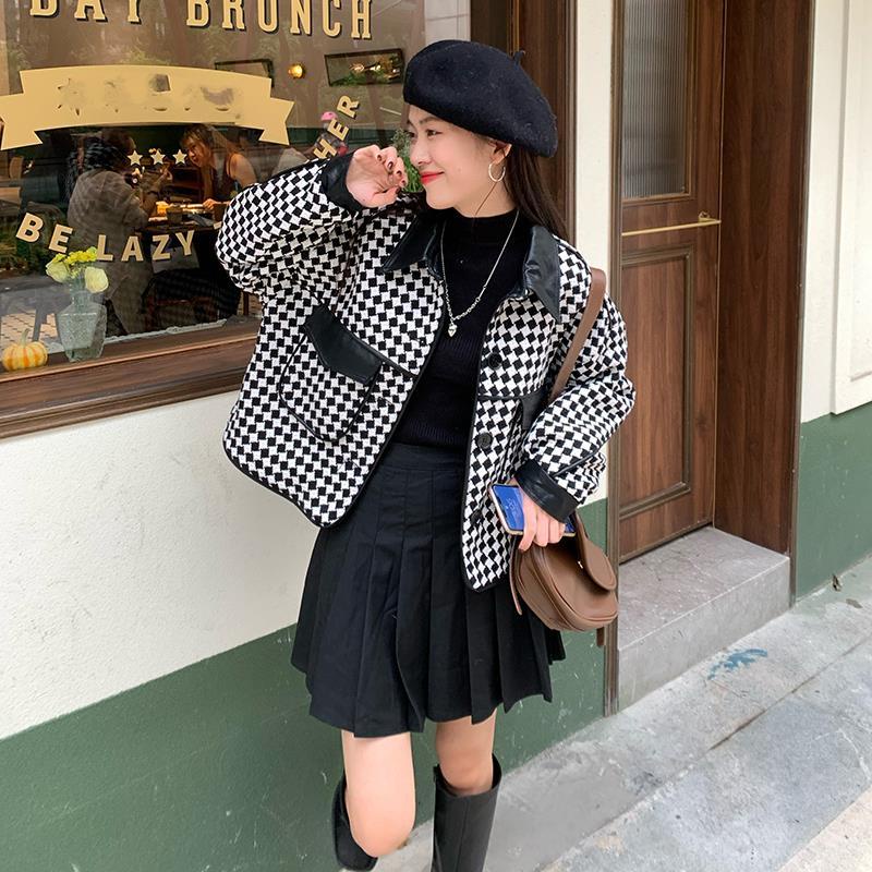 jaket korean style wanita coat retro french houndstooth jahitan atasan lengan pendek tebal menebal