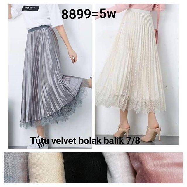 Rok bolak balik velvet polos dan tile polkadot
