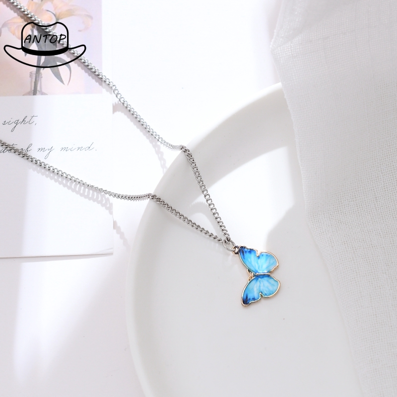Antop！Kalung kupu-kupu biru keren gaya sederhana rantai klavikula, Fashion perhiasan