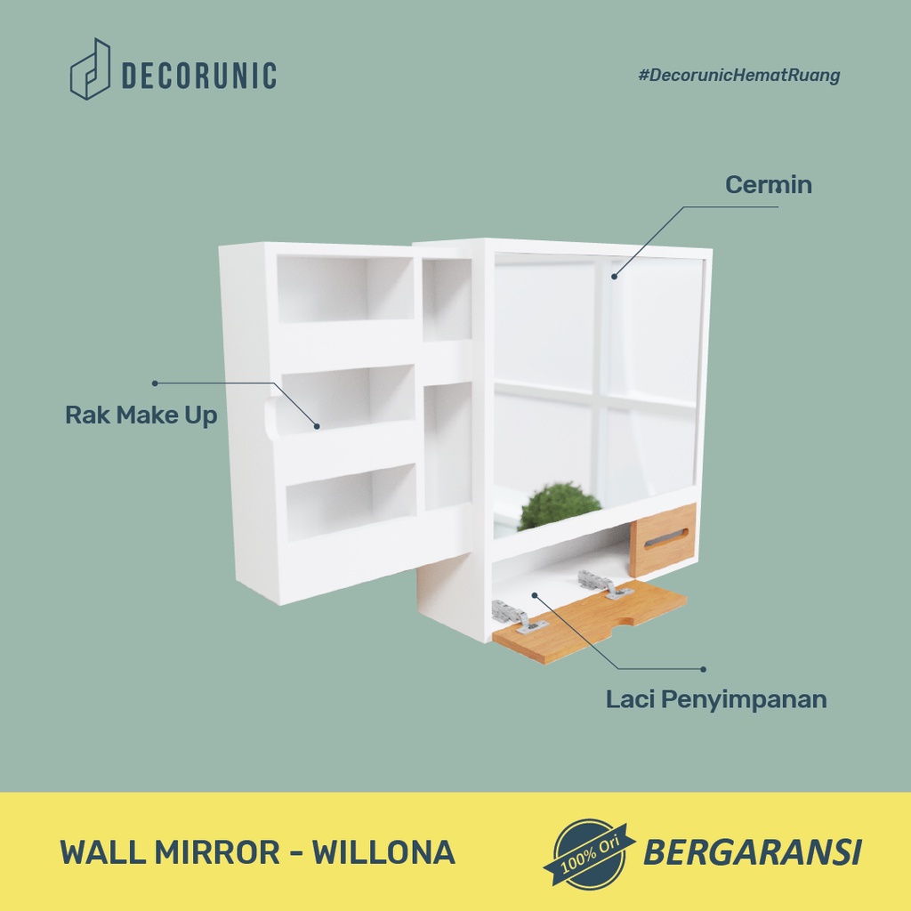 Decorunic Wall Mirror Cermin Rias Dinding Dengan  Rak Make Up - Cermin Dinding Dengan Lemari Penyimpanan Minimalis - Willona