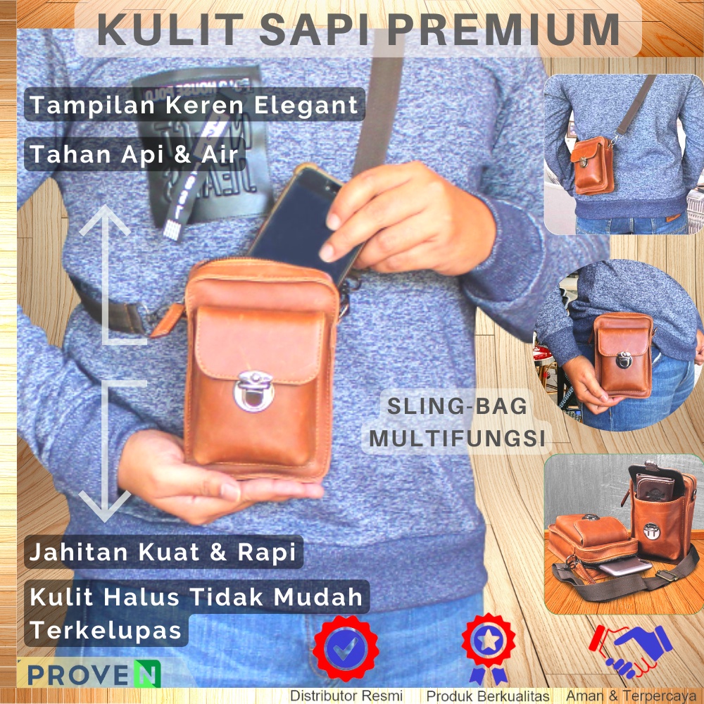 Tas Pinggang Pria Kulit Sapi Asli Tas Pinggang Hp Sling Bag Multifungsi Tas Mini Serbaguna Genuine Leather Kulit Sapi Asli P011 GARANSI ORIGINAL