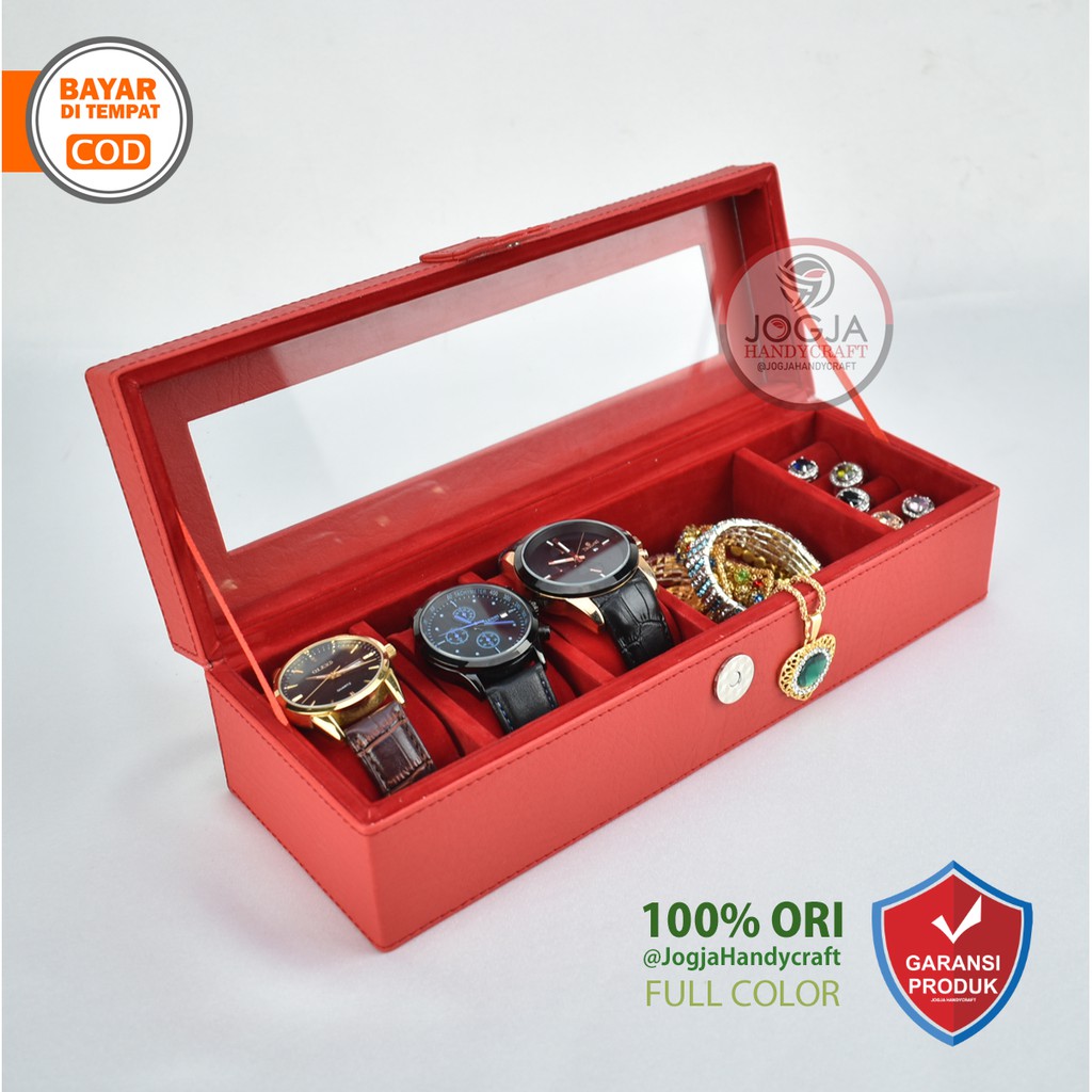 Full Red Box Tempat Jam Tangan isi 3 + Tempat Perhiasan &amp; Aksesoris