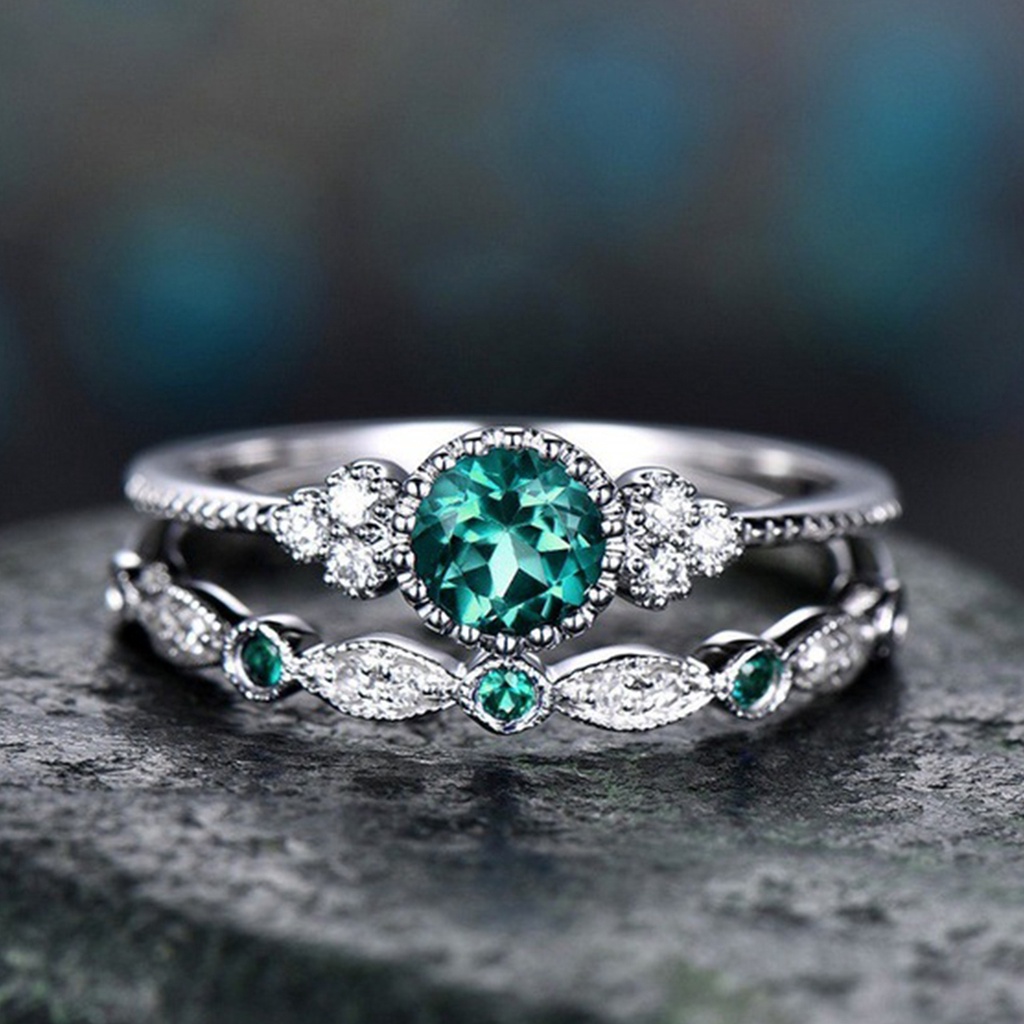 Hu Hu Hu Hu Hu Alat Bantu Pasang Kacamata♡ 2 Pcs Cincin Cubic Zirconia Bentuk Geometris Warna Hijau Untuk Wanita