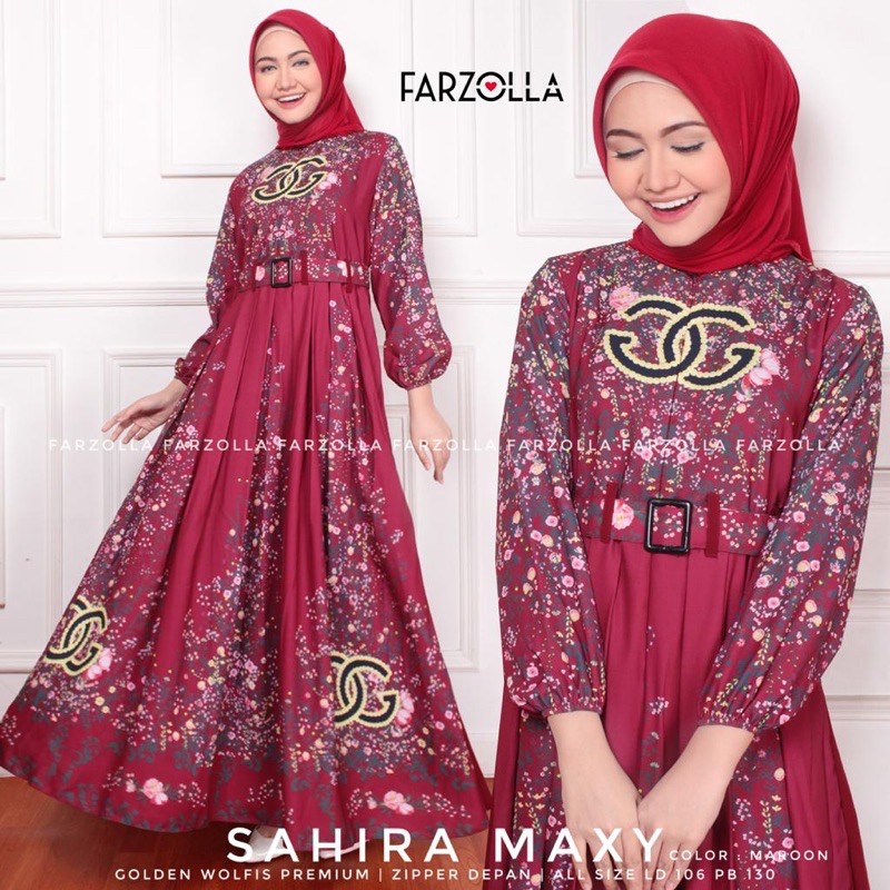 Baju Gamis Cewek Motif Bunga Zipper Depan Sahira Maxy Original by Farzolla