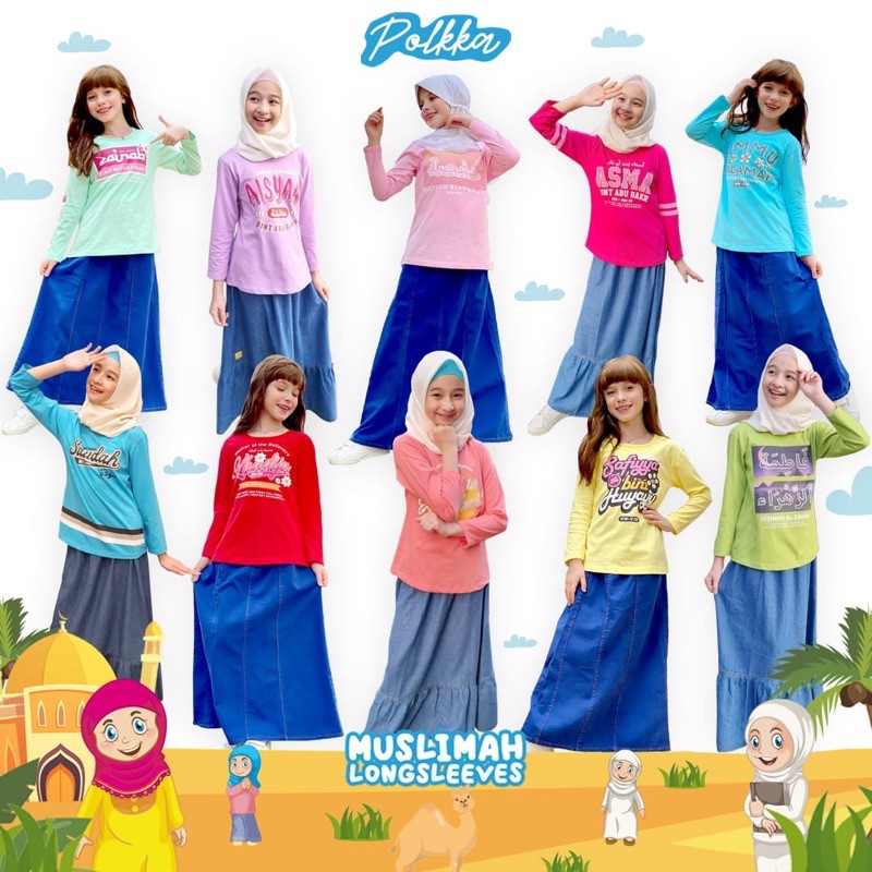 Kaos anak perempuan muslimah longsleeve wanita mulia polkka size 6-14 T kaos sahabat nabi polkka