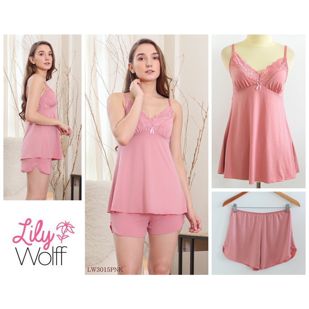 BAJU TIDUR WANITA  SETELAN SLEEPWEAR KAMISOL  LILY WOLFF, BAHAN HALUS LACE PREMIUM LW3015PNK