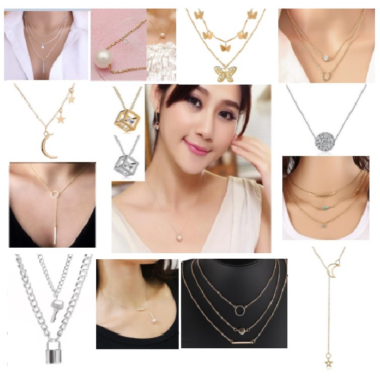 Kalung Rantai Wanita MULTI Gaya Korea Fashion Mutiara Gembok Layer Tassel Tumpuk Titanium Alloy