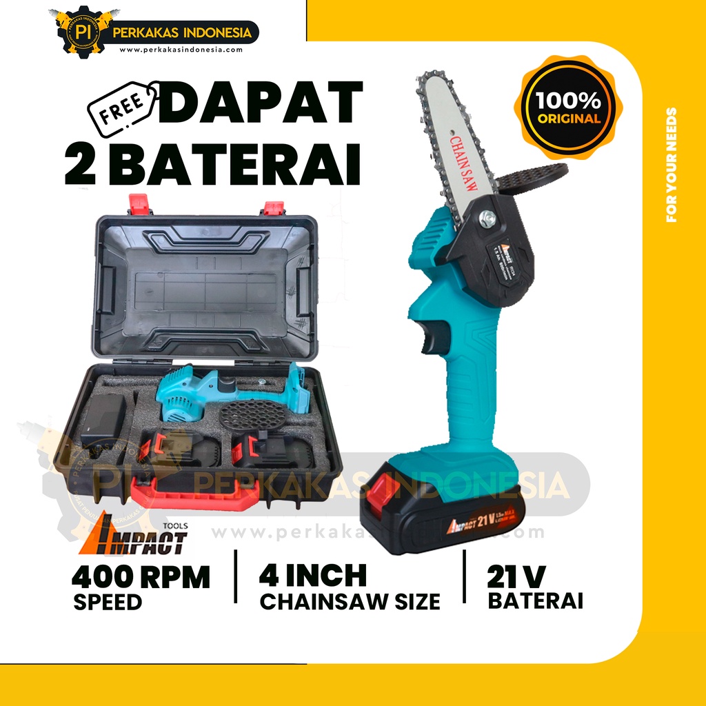 100 % ORI Cordless Mini Chainsaw 4 Inch IMPACTTOOLS ITCS4 2 Baterai 2.0Ah Mesin Chain Saw Kecil Gerg