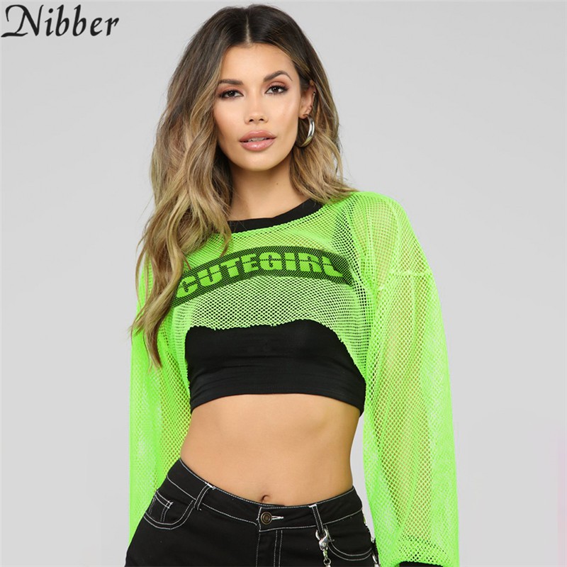 INDORETAIL | Nibber Spring Neon Hijau Mesh Crop Atasan Kaos Wanita 2019 Musim Panas Jalanan Liar