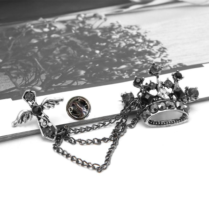 Moonlight&quot; Groom Men's Jewelry Badge Rhinestones Crown Cross Luxury Chain Tassel Brooch Pin