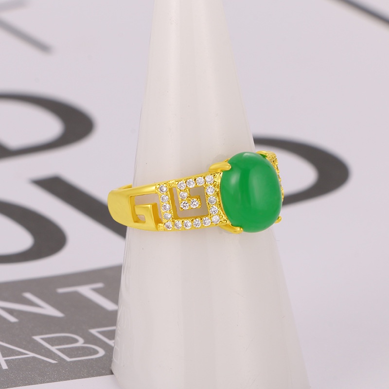 Cincin Lapis Emas Asli Kadar 375 Hias Berlian Kalsedon Hijau Untuk Pria Dan Wanita