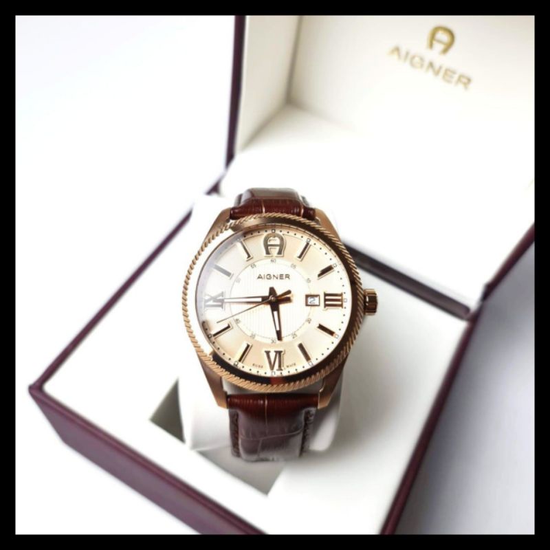 Jual Jam Tangan Pria Aigner A24145G Imola Men Rose Gold Dial Brown Leather Strap. Branded Original