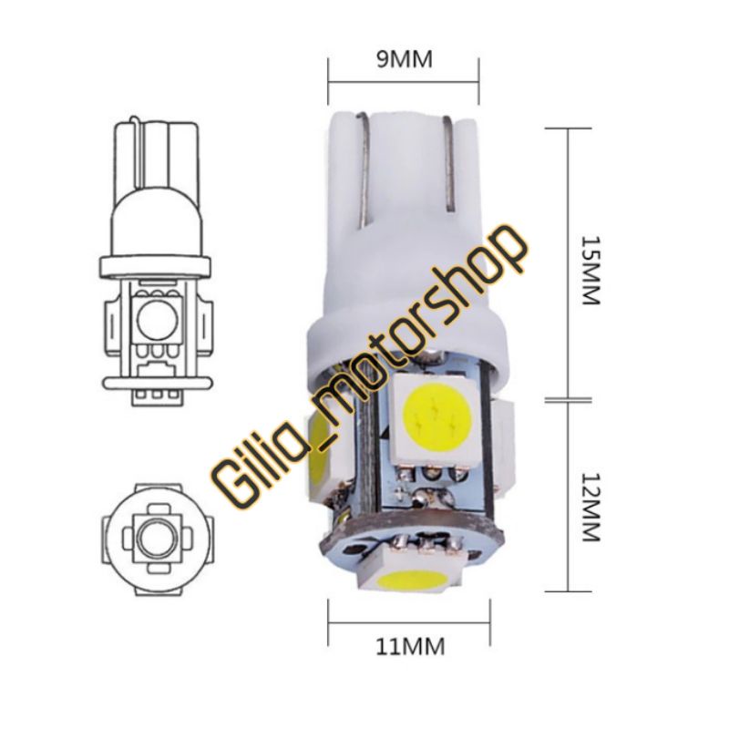 Lampu LED T10 5 titik jagung sepasang Lampu Sen Senja T10 5 LED Motor Mobil