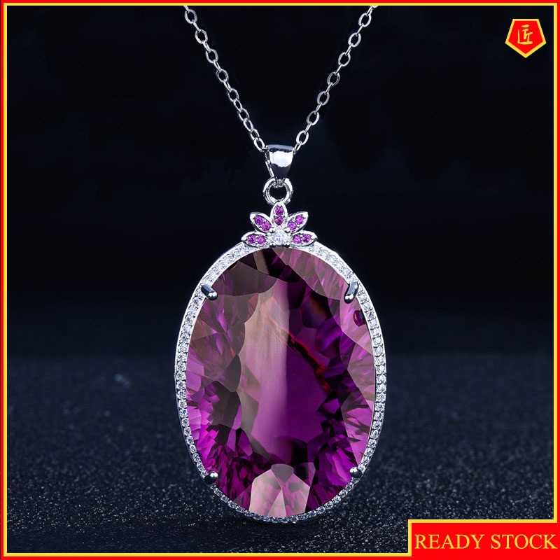 [Ready Stock]Luxurious Colored Gems Necklace Micro-Inlaid Diamond Elegant Amethyst Pendant