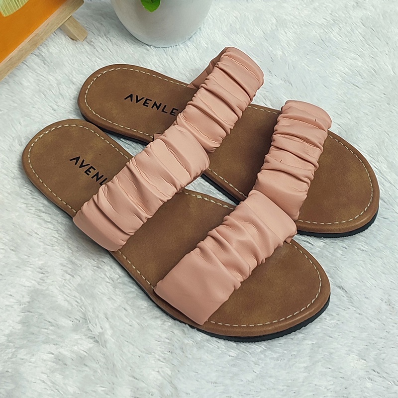 Sandal Wanita Sol Karet Cantik Flat Kulit Sintetis Motif Kerut Jenis Teplek