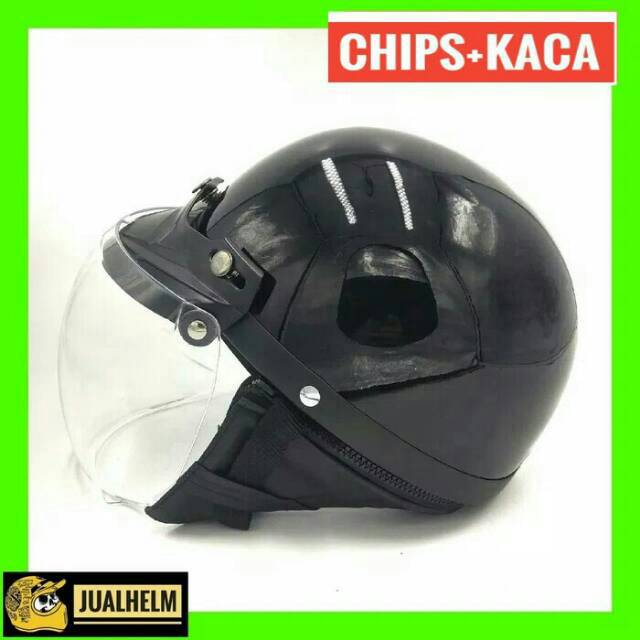 Helm Chips Black Glossy Dengan Kaca - Helm Vintage - Helm Chip