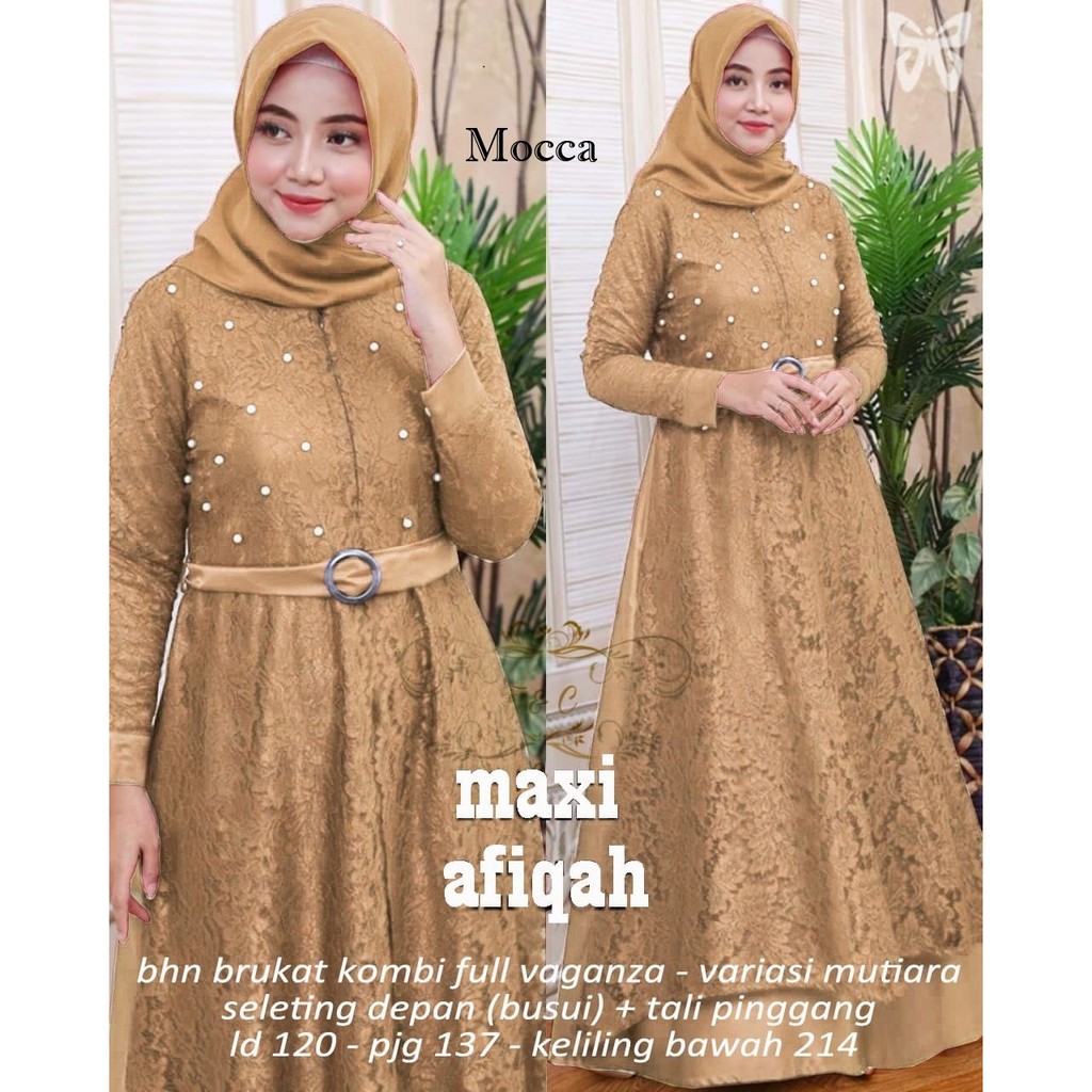 Afiqah / Baju Muslim Maxi Gaun Brukat Terusan Dress Wanita Jumbo Motif Mutiara  XXL Ada Belt