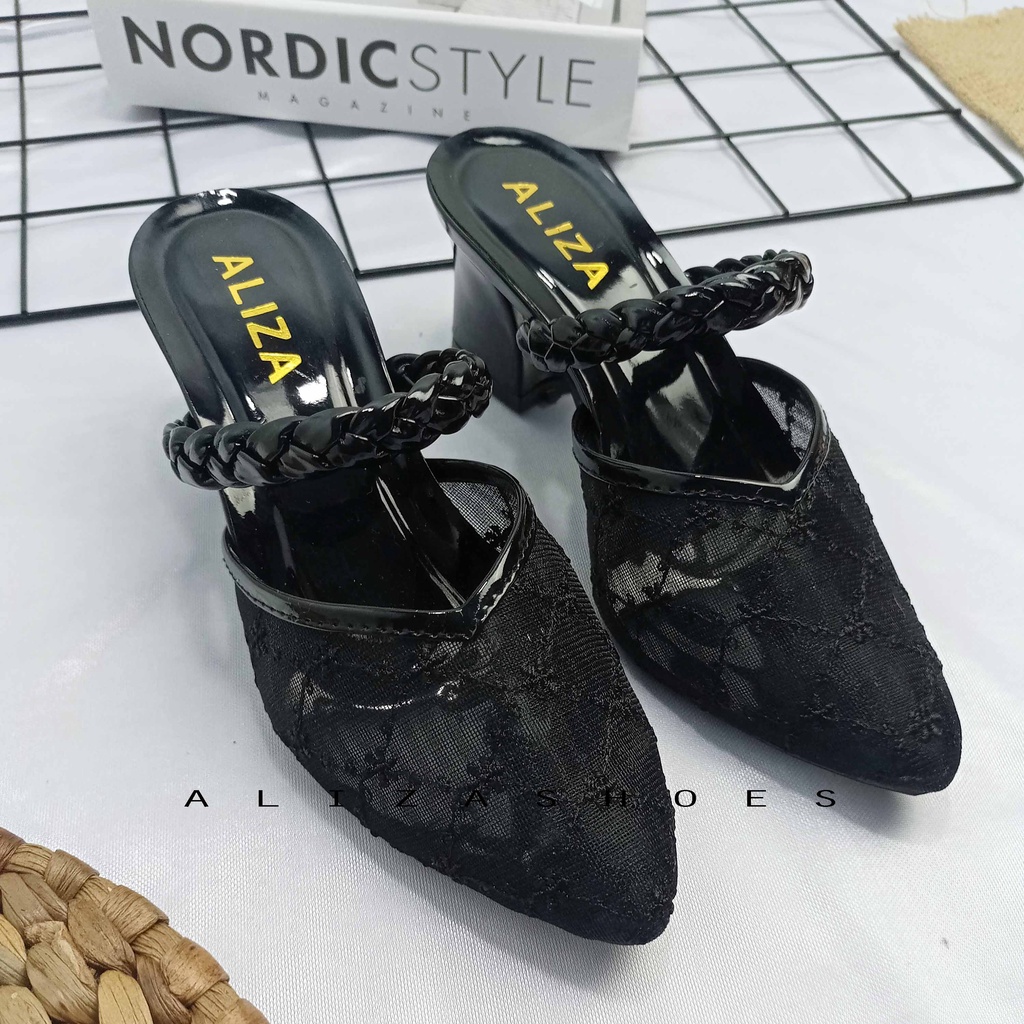 ALIZA SANDAL HEELS WANITA CHUNKY 5 CM JALA RAJUT TERBARU-4