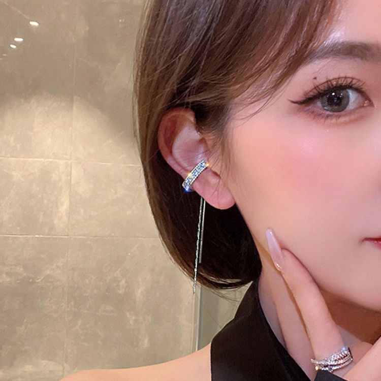 1 Pc Anting Klip Rumbai Panjang Bentuk C Bahan Zirkon Gaya Korea Untuk Wanita