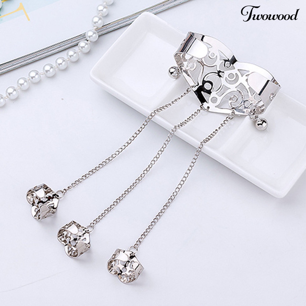 Twowood Multilayer Tassel Bell Hand Harness Bracelet Hollow Engraved Pattern Adjustable Bangle Finger Chain Jewelry Accessories
