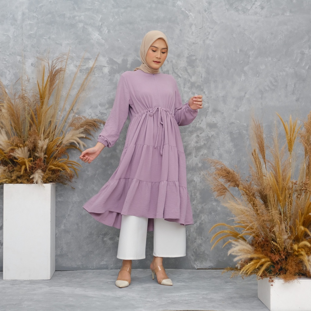 TUNIK NUNA - LONG TUNIK WANITA MUSLIM POLOS CRINGKLE by Raline Mode
