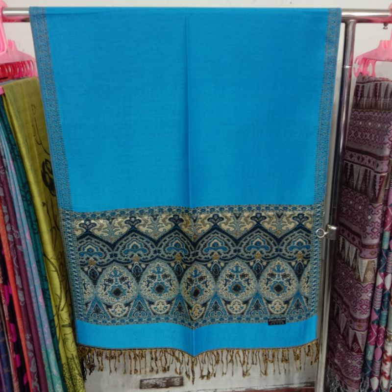 Pashmina Cashmere motif | Selendang | Scarf | Syal | Shawl |-Biru muda