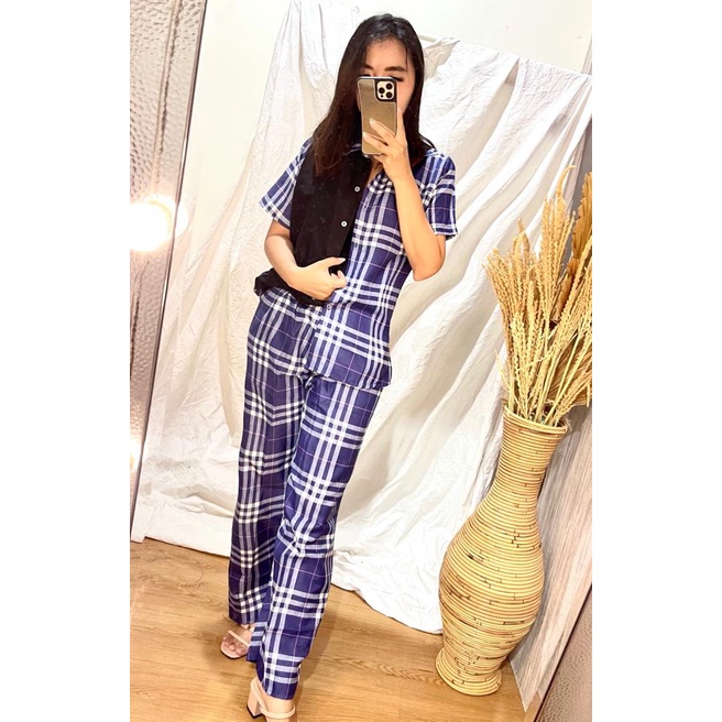 DAILY SET RAYON tiedye- HOMEY SET FIT Xl - PAJAMA SET RAYON -  PIYAMA RAYON-tartan navy mix