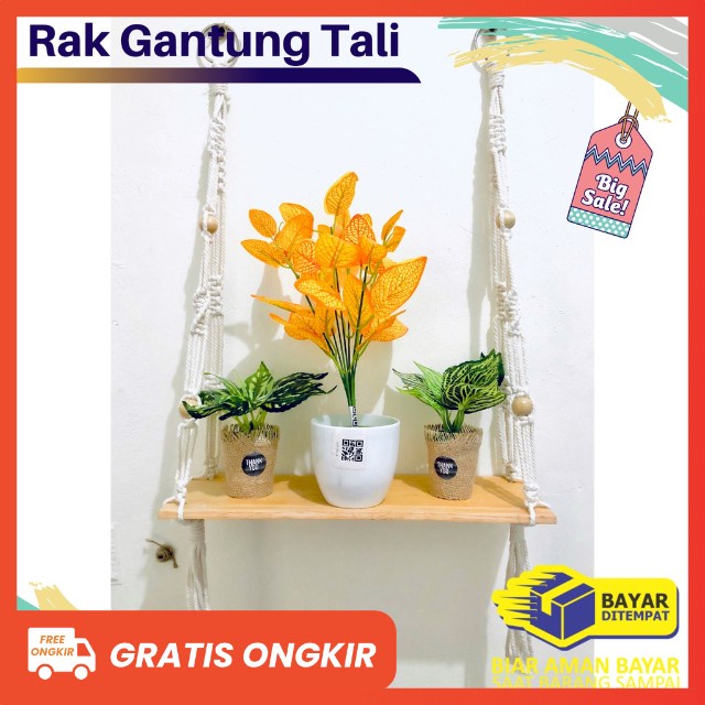 Rak Dinding Gantung Kayu Tali Macrame Dekorasi Dinding Rumah Ukuran Besar