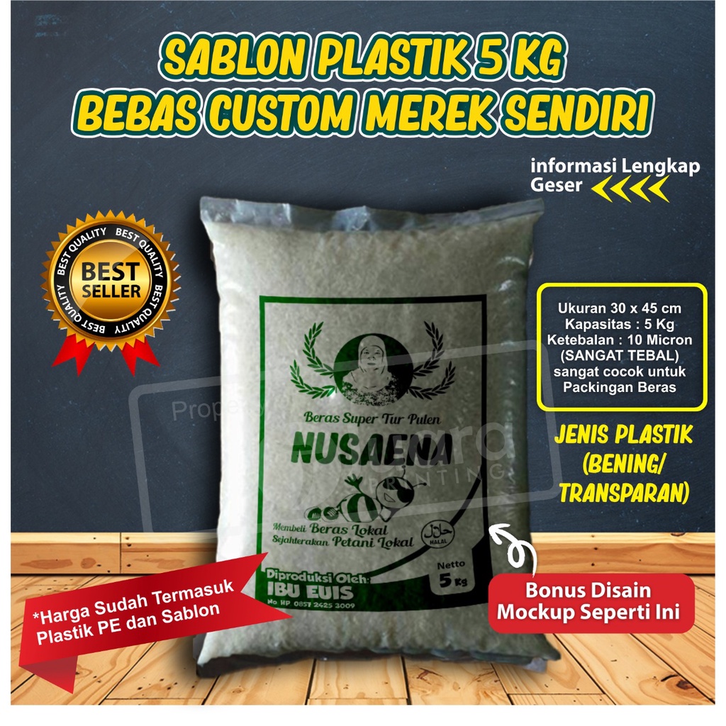 Sablon Plastik PE Tebal 10 Micron Kemasan Beras 5 Kg dan 10 Kg
