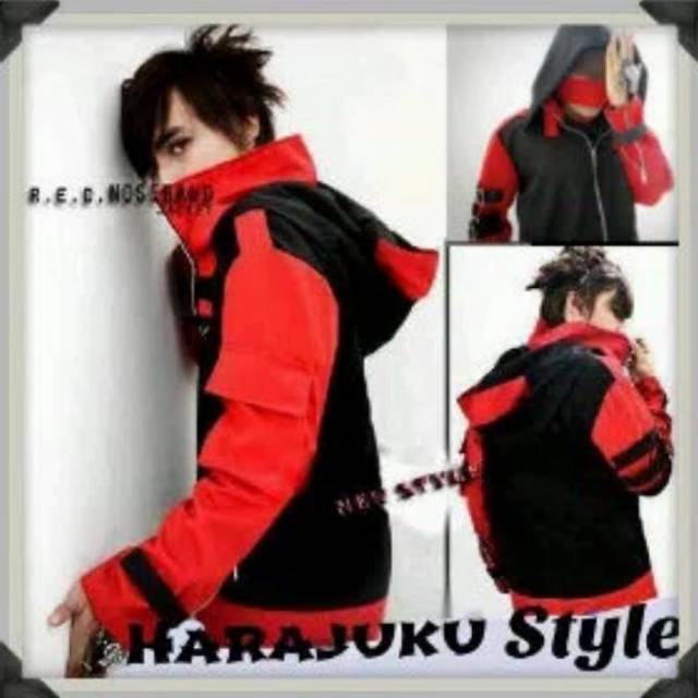 JAKET PRIA HARAJUKU STYLE - Jake Hitam Kombinasi Merah Cowok Casual Hoodie Bahan Chino Japan Style