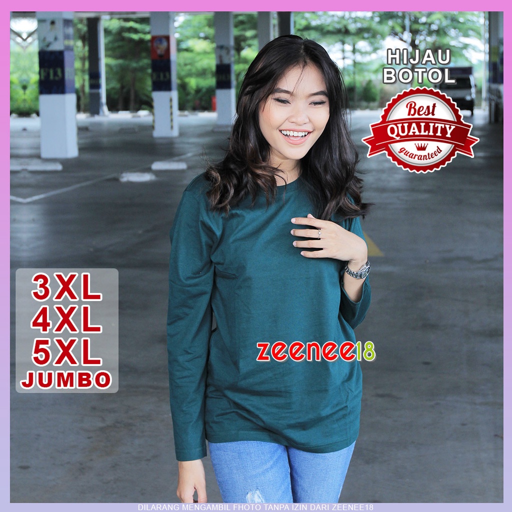 Kaos Jumbo Wanita Lengan Panjang ld 130 3XL 4XL 5XL Hijau Botol