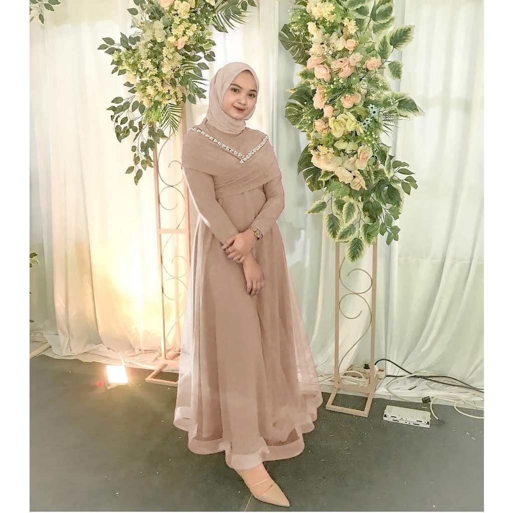 ELDE 12 - DRESS MAXI PRICILLA SIZE M L XL bahan moscrepe aplikasi mutiara tembak mewah dibawah mostcrepe lapis organza full keliling sleting dan karet blkg-4