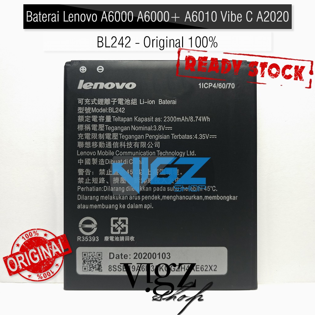 Baterai Lenovo A6000 A6000 Plus A6010 Vibe C A2020 BL242 Original 100% Battery Batre