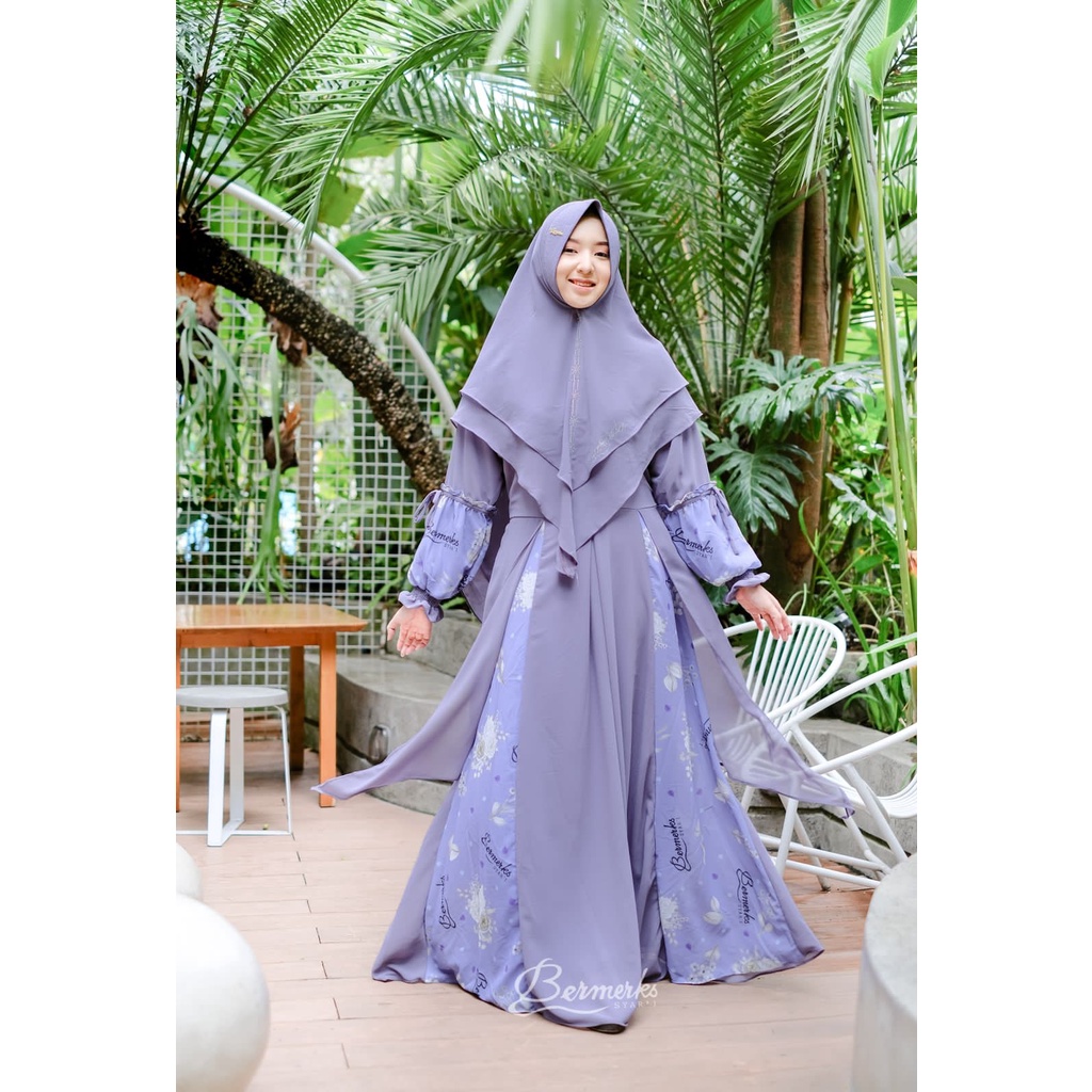 Gamis ceruty Bermerks marwah agnia syari Motif crysant Krisan Set Khimar masayu terbaru bunga kertas
