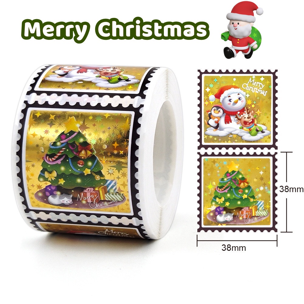 300 Pcs Stiker Rolls Desain Snowman Dan Pohon Natal Untuk Dekorasi Bungkus Hadiah