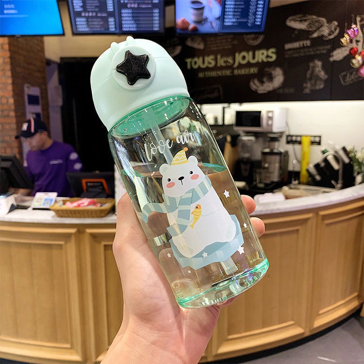 ELFYDO - BTL004 Botol Air Minum Anak Transparan Botol Minum Tutup Flip Sedotan Motif Kartun