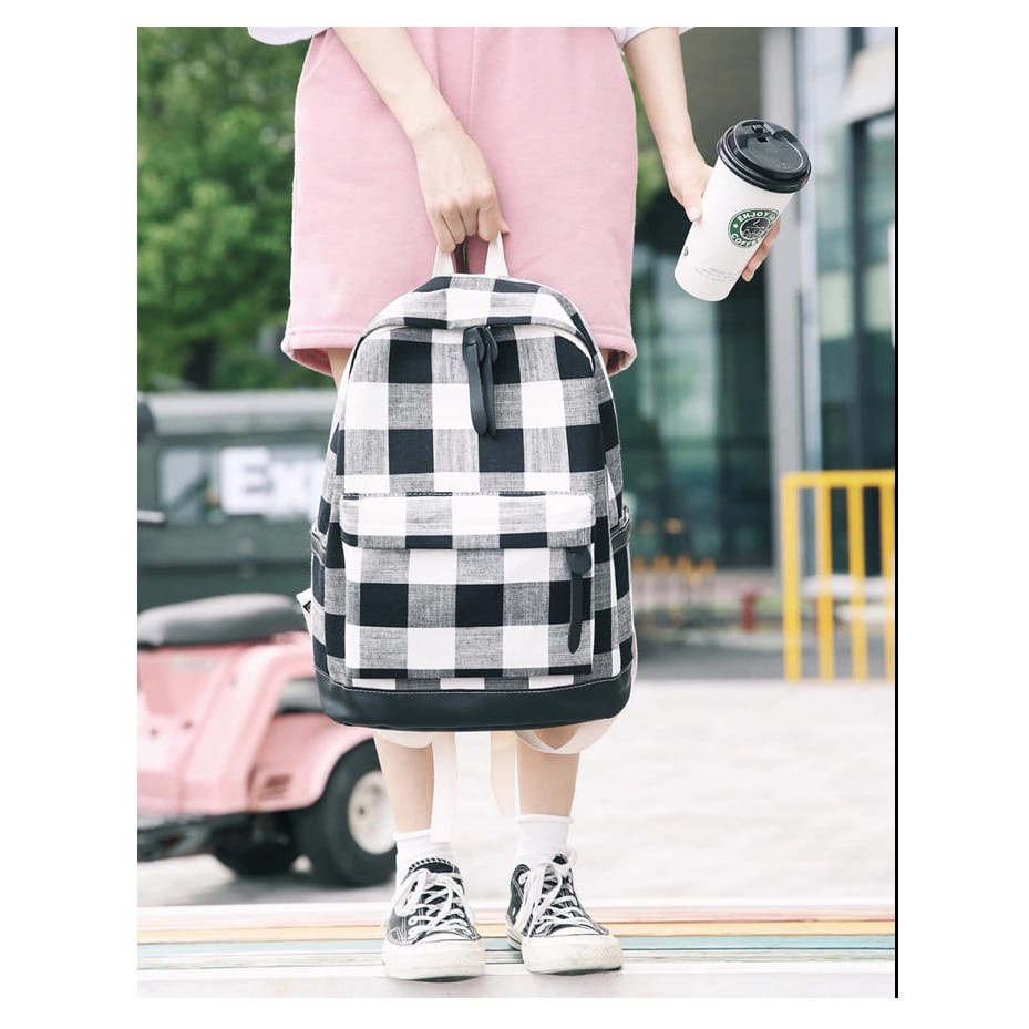 [COD] Tas Ransel Backpack Motif Kotak Sekolah Perempuan Korean Style Kekinian Murah