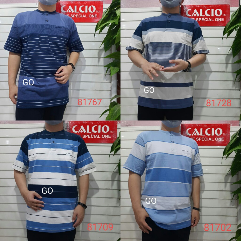 gof XL CALCIO OBLONG KANCING Kaos Pria Laki-Laki Oblong Garis-Garis Lengan Pendek Saku Salur