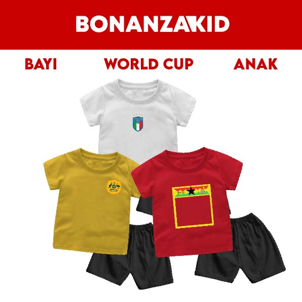 Setelan Bayi &amp; Anak World Cup 2022 GHANA/ITALIA/AUSTRALIA/IRAN Usia 6 Bulan-8 Tahun Bahan Katun Premium GRATIS Nama dan No Punggung