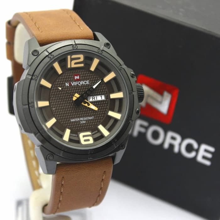 Jam Tangan Pria / Cowok Naviforce Nf9066M Original Leather Dark Brown