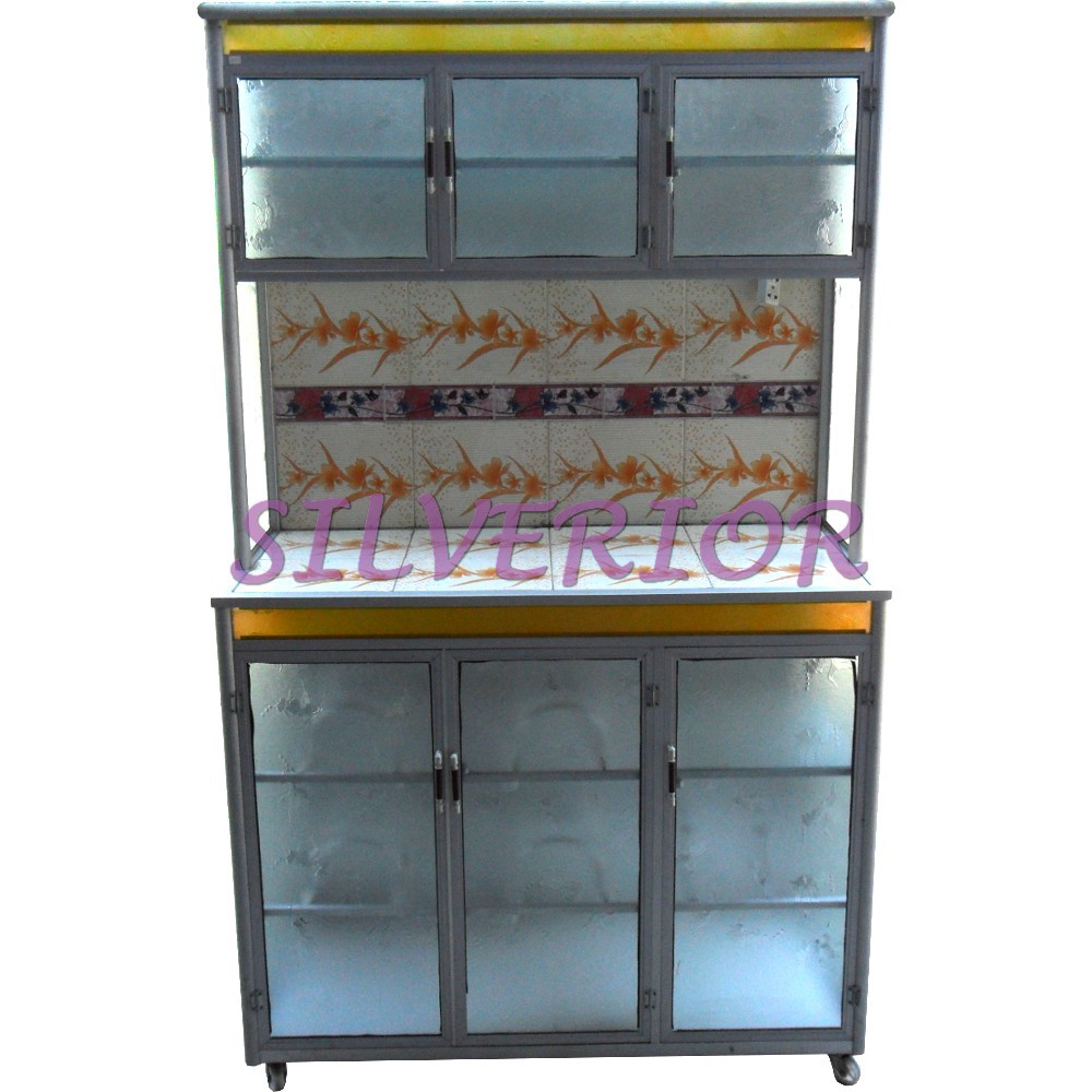 Rak Lemari Piring Kaca Aluminium Rata Roda 3 Pintu KHUSUS JABODETABEK