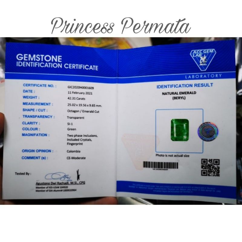 Batu Permata Natural Emerald Beryl Zamrud Colombia Big Size Sertifikat ACC LAB Crystal