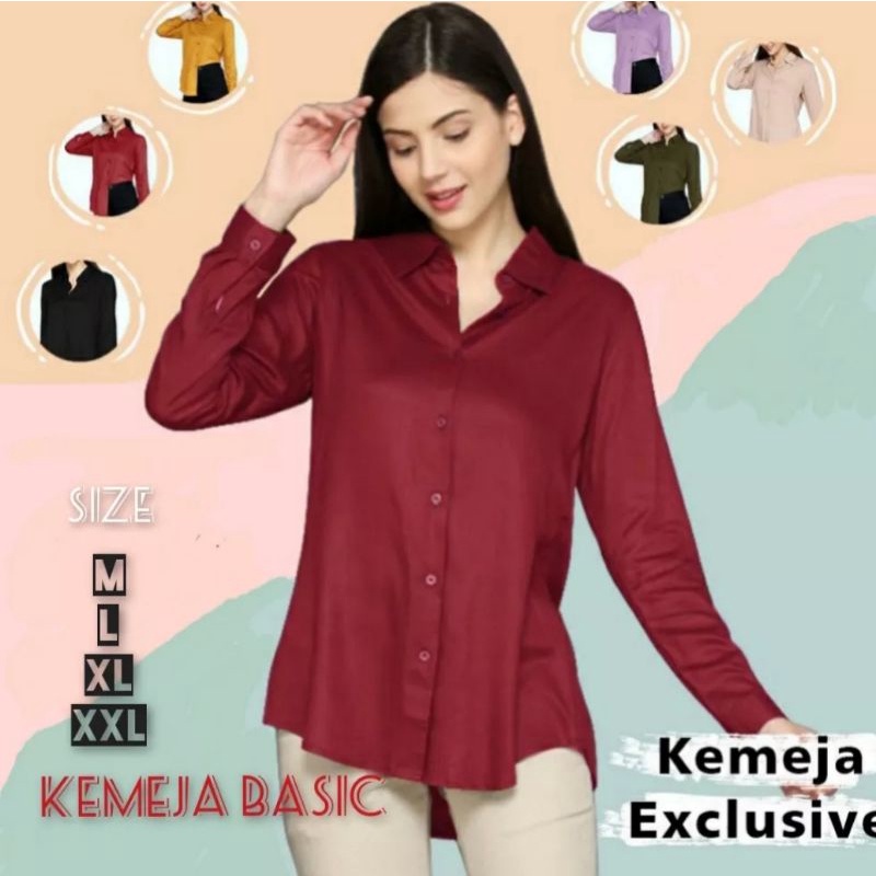 Kemeja wanita basic polos lengan panjang bahan katun