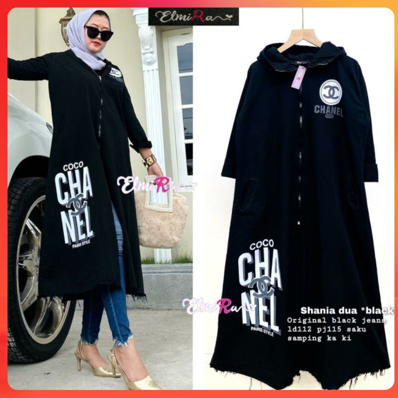 [ STOK MELIMPAH ] SHANIA DUA BLACK BY ELMIRA - LONG COAT HOODIE JEANS