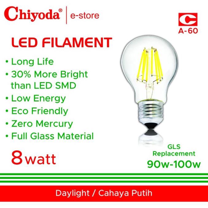 :0:0:0] CHIYODA LED FILAMEN 8 WATT KACA BENING WARNA CAHAYA PUTIH/DAYLIGHT