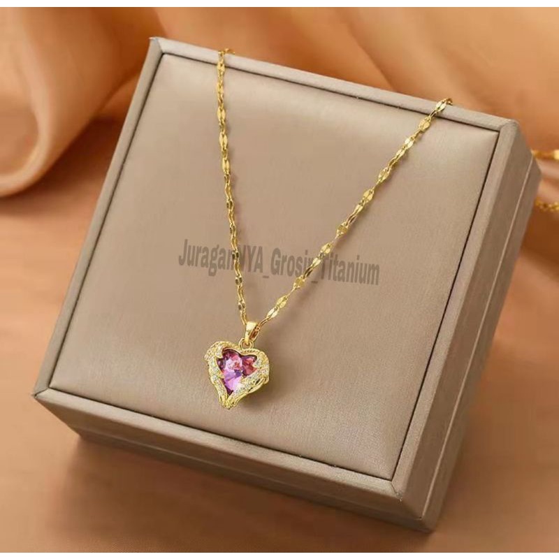 Kalung Titanium Elegant Love Kaca Full Mata Super Cantik Anti Karat